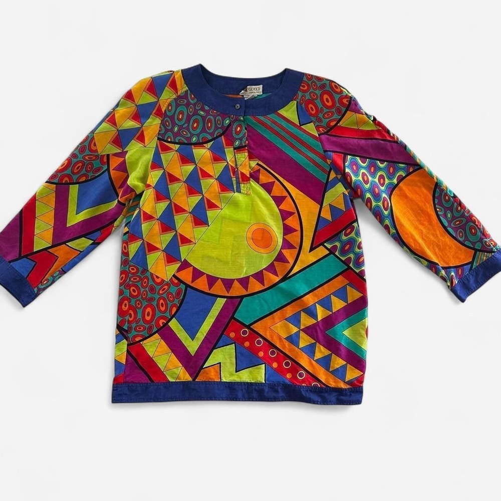Vintage 80s Gucci Silk Tunic Top Abstract Geometric Print Multicolored Size 40